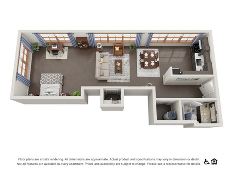 A 3D floor plan of a small apartment with a kitchen, living room, and bedroom.